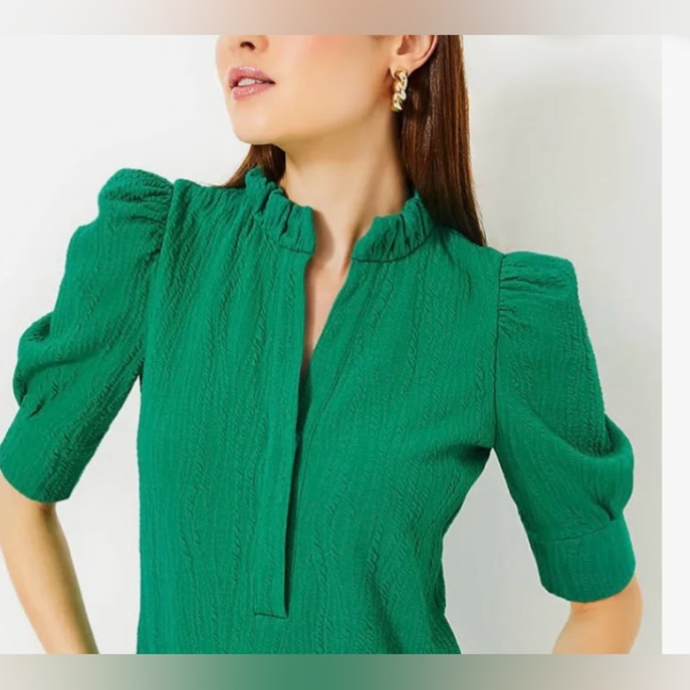 Lilly Pulitzer size M Elsey Knit Top green ruffle collar puff sleeves. - Picture 6 of 14
